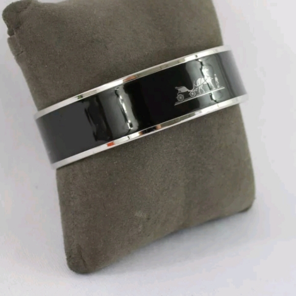 Hermes Black Enamel Palladium Plated Caleche Wide Bangle Size 65 / S / Gorgeous - Picture 2 of 5